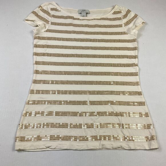 LOFT Sequin T-Shirt Ivory Gold Striped Short Sleeve Boat Neck Top Stretch Tee XS - Picture 2 of 11